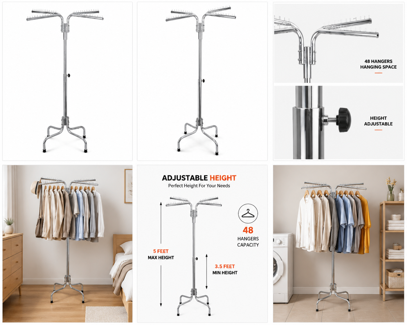 Adjustable 48-Hanger Heavy Duty Clothes Rack Stand | Freestanding Garment Organizer for Bedroom & Laundry Room